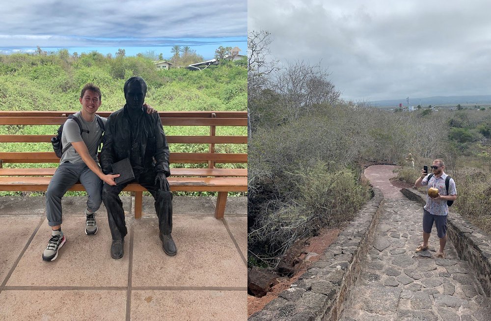 Right: Jack with Charles Darwin Statue, Left: Randy outside Tortuga Bay.