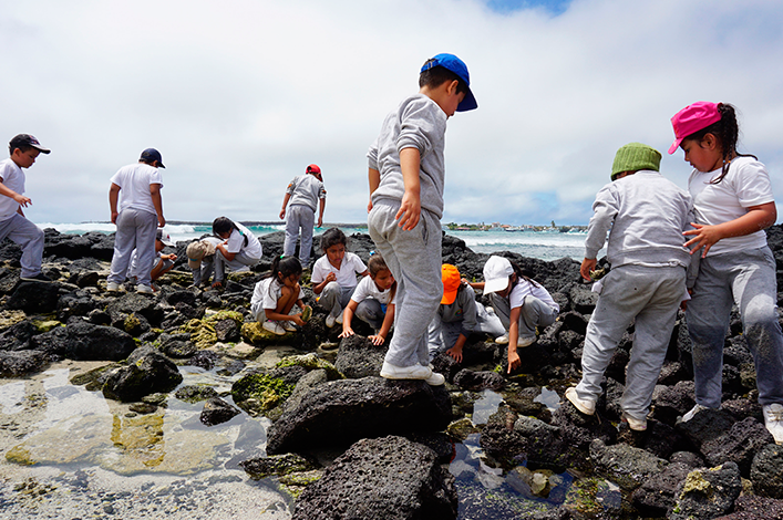 Students of the Oswaldo Guayasamín school of Santa Cruz exploring rocky shores  in La Ratonera beach