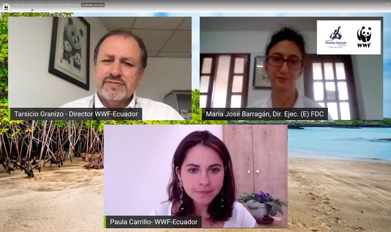 Participating in the signing of the memorandum of understanding were Tarsicio Granizo, Director of WWF-Ecuador (left); María José Barragán P., CDF Interim Executive Director and Director of Science (right); and Paula Carrillo, WWF Communications Offi