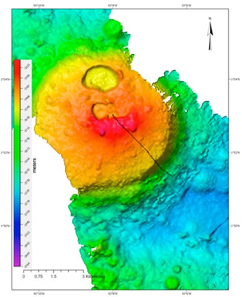 A newly mapped seamount and ROV traverse (black line) between 2000 and 1000 m depth. Credit: Ocean Exploration Trust/Nautilus Live.