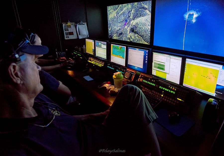 Control van aboard E/V Nautilus where pilots drive the ROVs to explore the seafloor to depths of up to 4000 m. Credit: Ocean Exploration Trust/Nautilus Live.