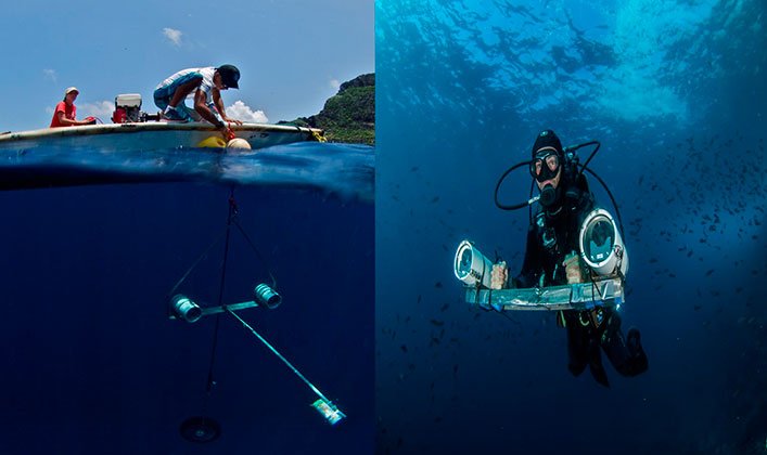 Deploying stereo-BRUVs (right) and diver with stereo-DOV during underwater transect (left). Photo by: Pelayo Salinas-de-León / CDF