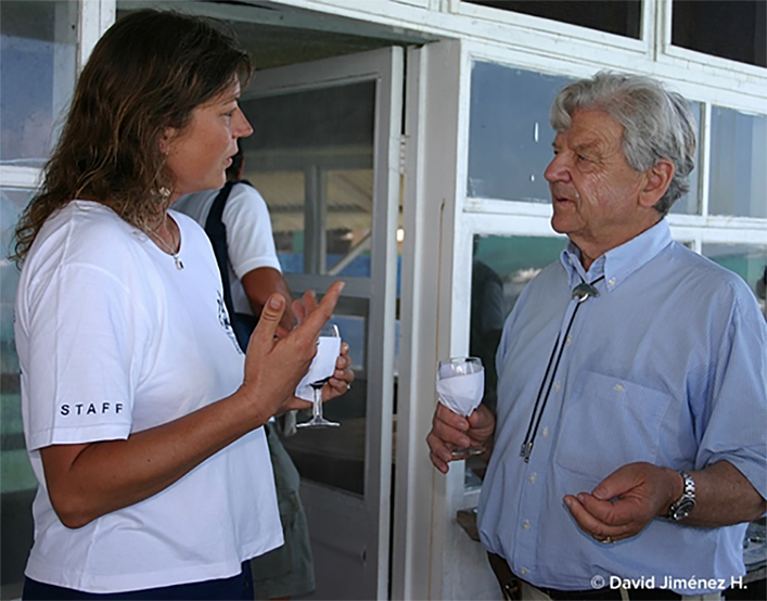 Dr. Eibl-Eibesfeldt (right) and Dr. Heinke Jäger (left), speaking at the 45th anniversary of the creation of the Galapagos National Park and the Charles Darwin Foundation in 2004. He was a life-long supporter of CDF's conservation efforts.
