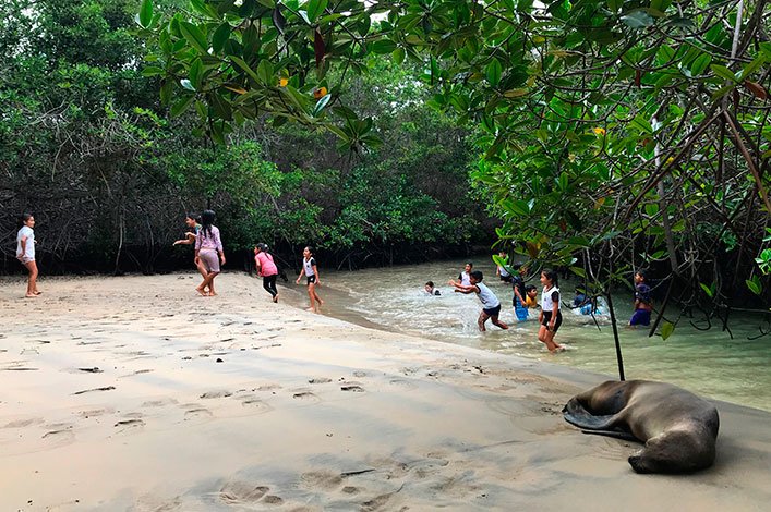 Estudiantes de la escuela Stella Maris de Isabela disfrutando en El Estero después  del recorrido por los humedales