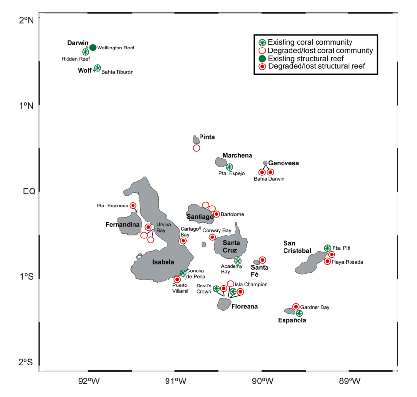 Figure 1: Location and condition of coral reefs and coral communities in the Galapagos Islands, post 1982-83 El Niño event. (Glynn et al., 2018)