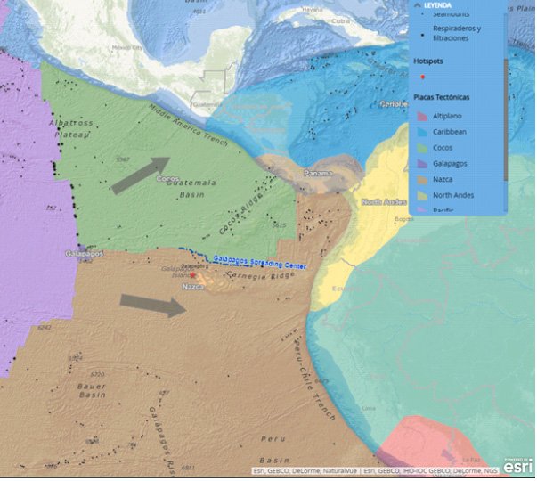 Figure 2. Map showing the arrangement of the tectonic plates of the insular region, the Galapagos Islands platform, its hotspot, and the Galapagos Spreading Center (GSC).