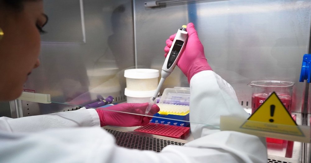 Gislayne Mendoza realizando una PCR. En este paso, pone en un tubo Eppendorf todos los “ingredientes” con medidas exactas previamente calculadas (esta mezcla es conocida como Máster Mix). Foto: Rashid Cruz, FCD.