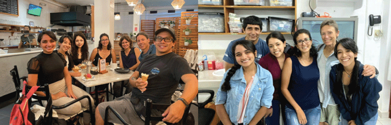 Izquierda: Gislayne, Samara, Paz, Karina, Ainoa, Nicolás y Diego compartiendo un helado. Derecha: Freddy, Gislayne, Paz, Karina, Anne y Samara en el laboratorio de la FCD. Fotos: Gislayne Mendoza, FCD.