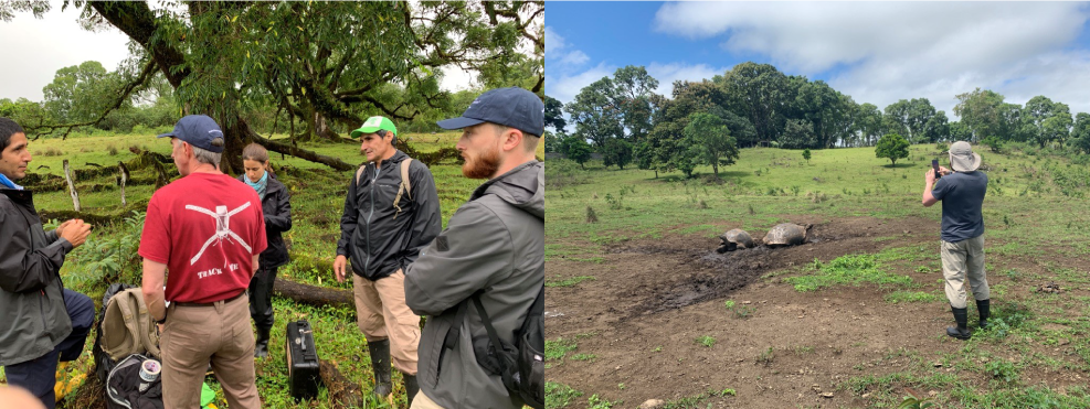 Left: Freddy, Dr. Blake, Ainoa, Jose, and Randy discussing how to feed the tortoises iButton thermochrons. Right: Randy taking FLIR temperature images of the tortoises.