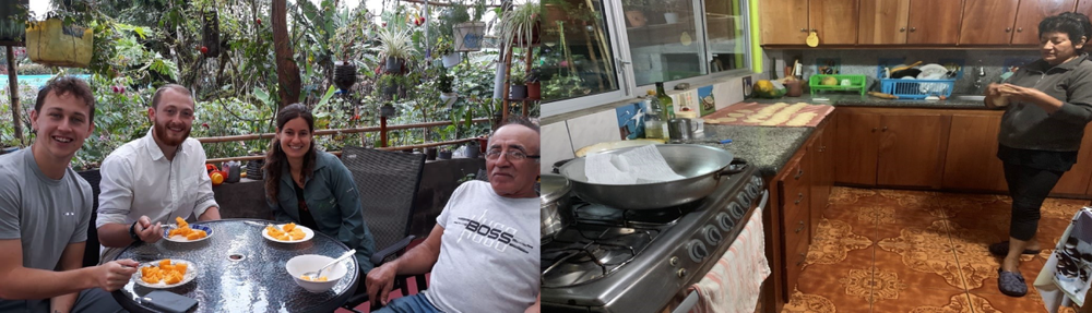 Left: Jack, Randy, and Ainoa sitting with Raul enjoying papaya outside their home. Right: Rosa teaching us how to make empanadas. 