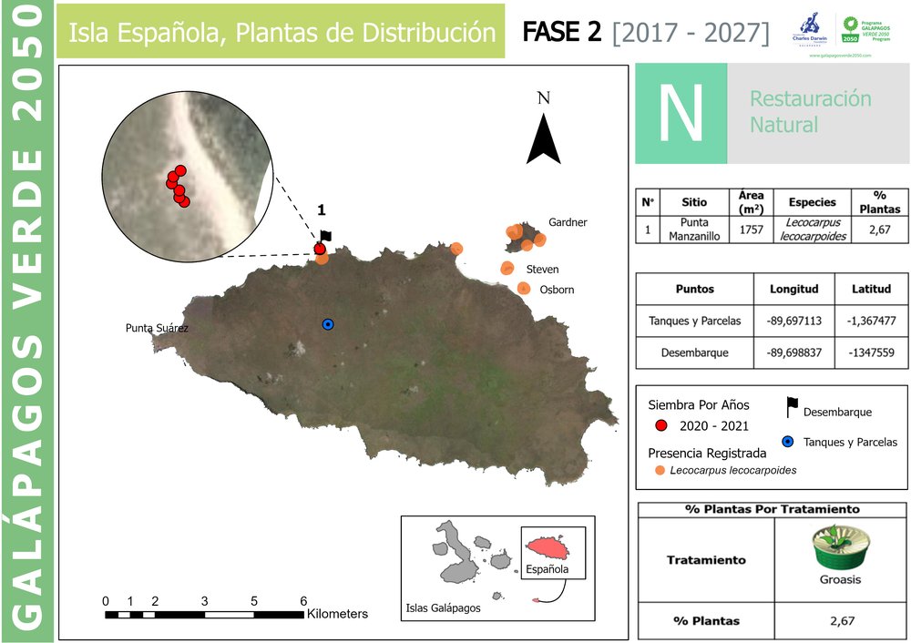 Lugar de origen de L. lecocarpoides en Punta Manzanillo, isla Española. Mapa por: David Cárdenas, FCD.