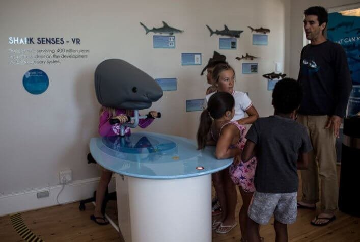 Paul, educator of the centre, explaining the children of the holiday club how one of the interactive games that teaches the public about the senses of the sharks works.
