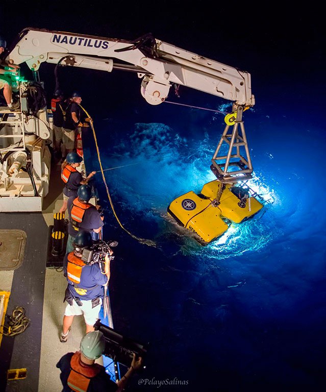 ROV Hercules is launched to explore the deep sea around the Galapagos Islands. Credit: Ocean Exploration Trust/Nautilus Live.