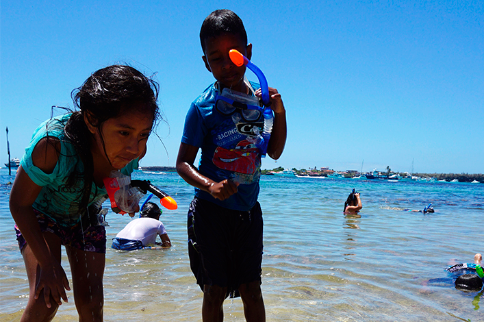 Students of the Caupolicán Marín school, Bellavista in the highlands of Santa Cruz, observing a bullseye puffer  near the shore. 