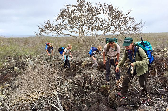 The team walking over the rocky terrain to the study site, with the ‘chimbuzos’ of water to fill the Groasis technology with