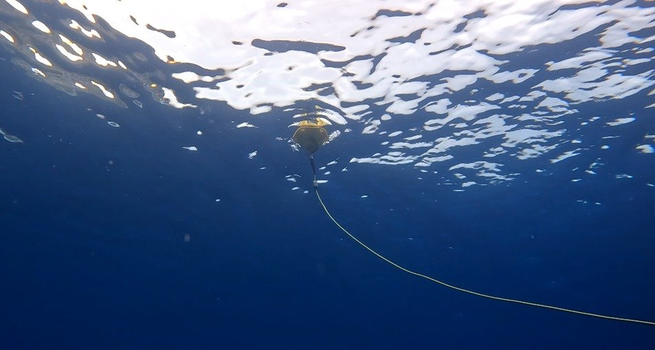 Vista inferior del Sofar Spotter conectado al cable de amarre inteligente que flota en la superficie del océano. Esta parte de la boya transmite los datos al satélite y carga todo el dispositivo con paneles solares. Foto: Inti Keith, FCD.