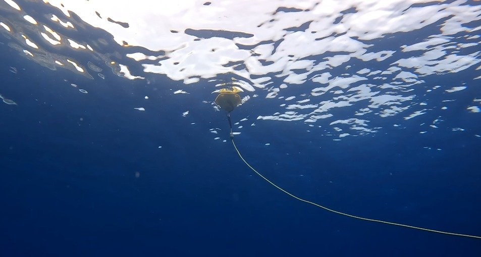 Vista inferior del Sofar Spotter conectado al cable de amarre inteligente que flota en la superficie del océano. Esta parte de la boya transmite los datos al satélite y carga todo el dispositivo con paneles solares. Foto: Inti Keith, FCD.